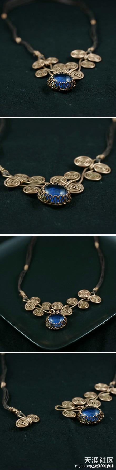 原创首饰wire jewelry项链，复古风格，蓝色琉璃、红铜、棕色蜡线